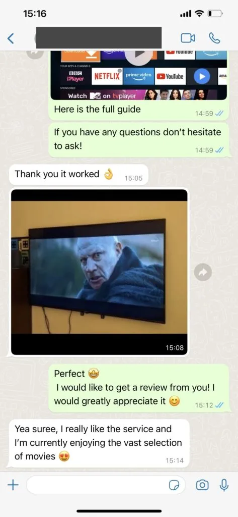 Proto IPTV WhatsApp support chat conversation proof 1