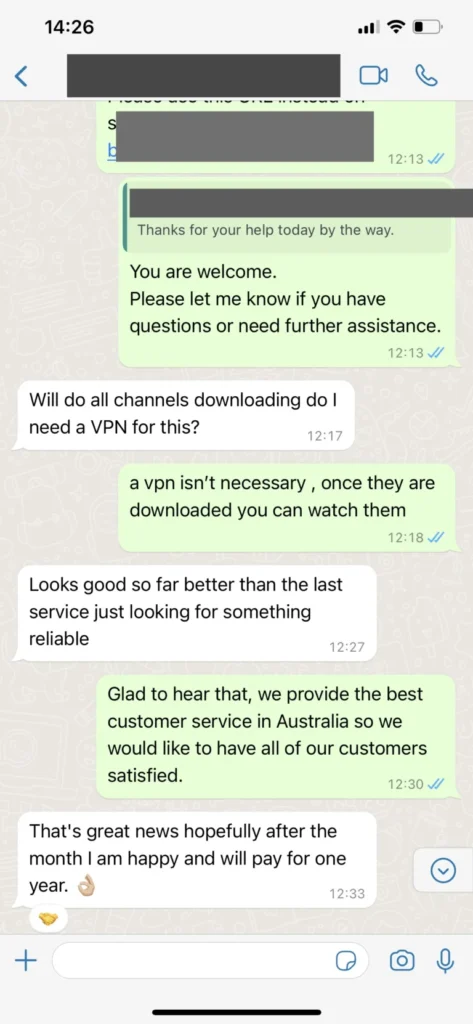 Proto IPTV WhatsApp support chat conversation proof 3